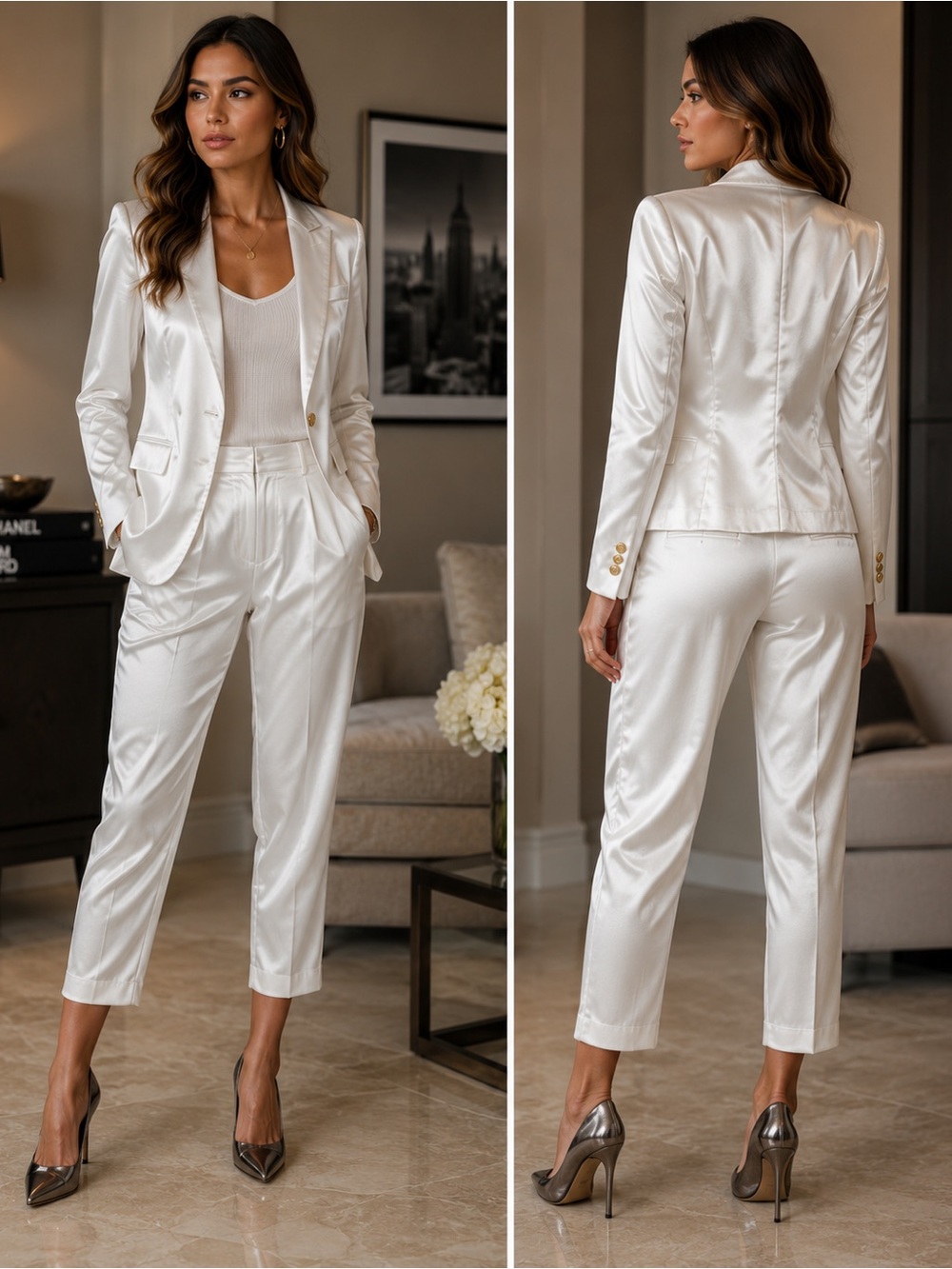 French connection white satin effect blazer ankle dress pant suit set 12 NWT 🔥